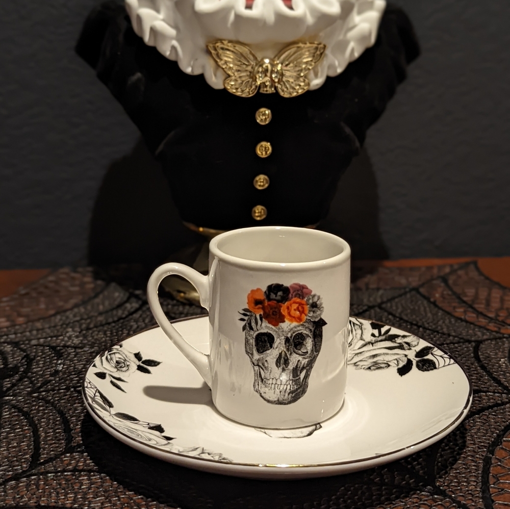 🆕 Floral Skull Espresso China Cups Harvest Green Studio - Picture 4 of 6